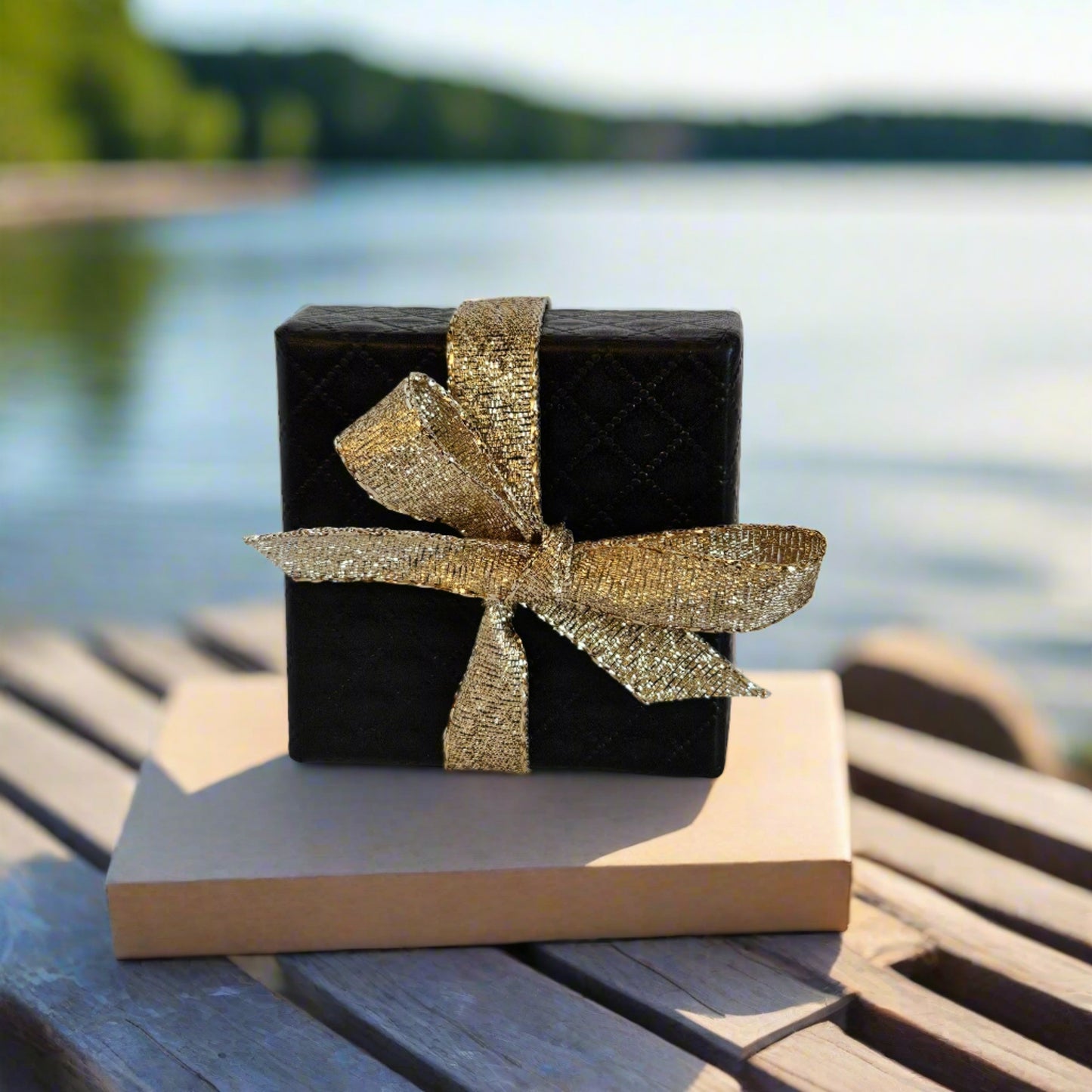 gift box on a table near the water