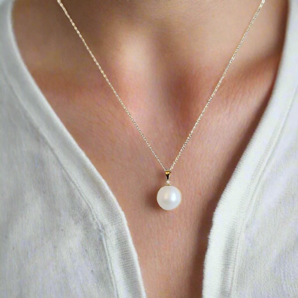 Seawater Serenity : 18K Gold Pendant with Natural 8-9mm Waterdrop Freshwater Pearl, Sterling Silver Chain with Gold Plating