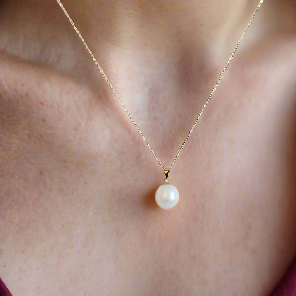 Seawater Serenity : 18K Gold Pendant with Natural 8-9mm Waterdrop Freshwater Pearl, Sterling Silver Chain with Gold Plating