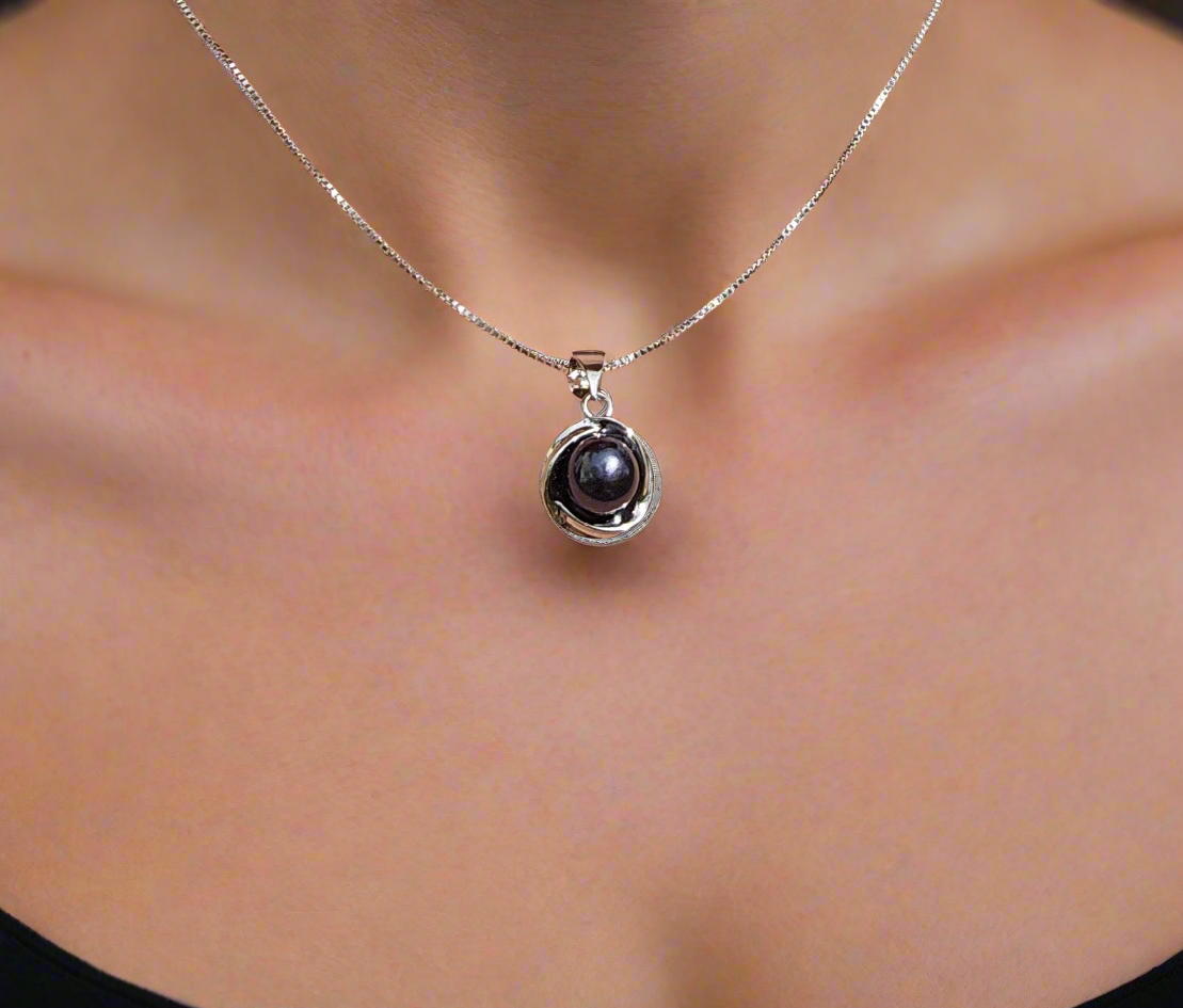 Midnight Elegance: Freshwater Black Pearl, Sterling Silver Pendant Necklace