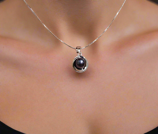 Midnight Elegance: Freshwater Black Pearl, Sterling Silver Pendant Necklace