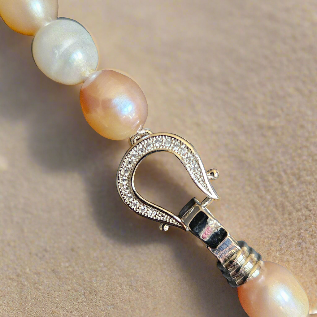 Pearl Bliss: Harmony in White, Pink & Purple Pearls Necklace with CZ Clasp