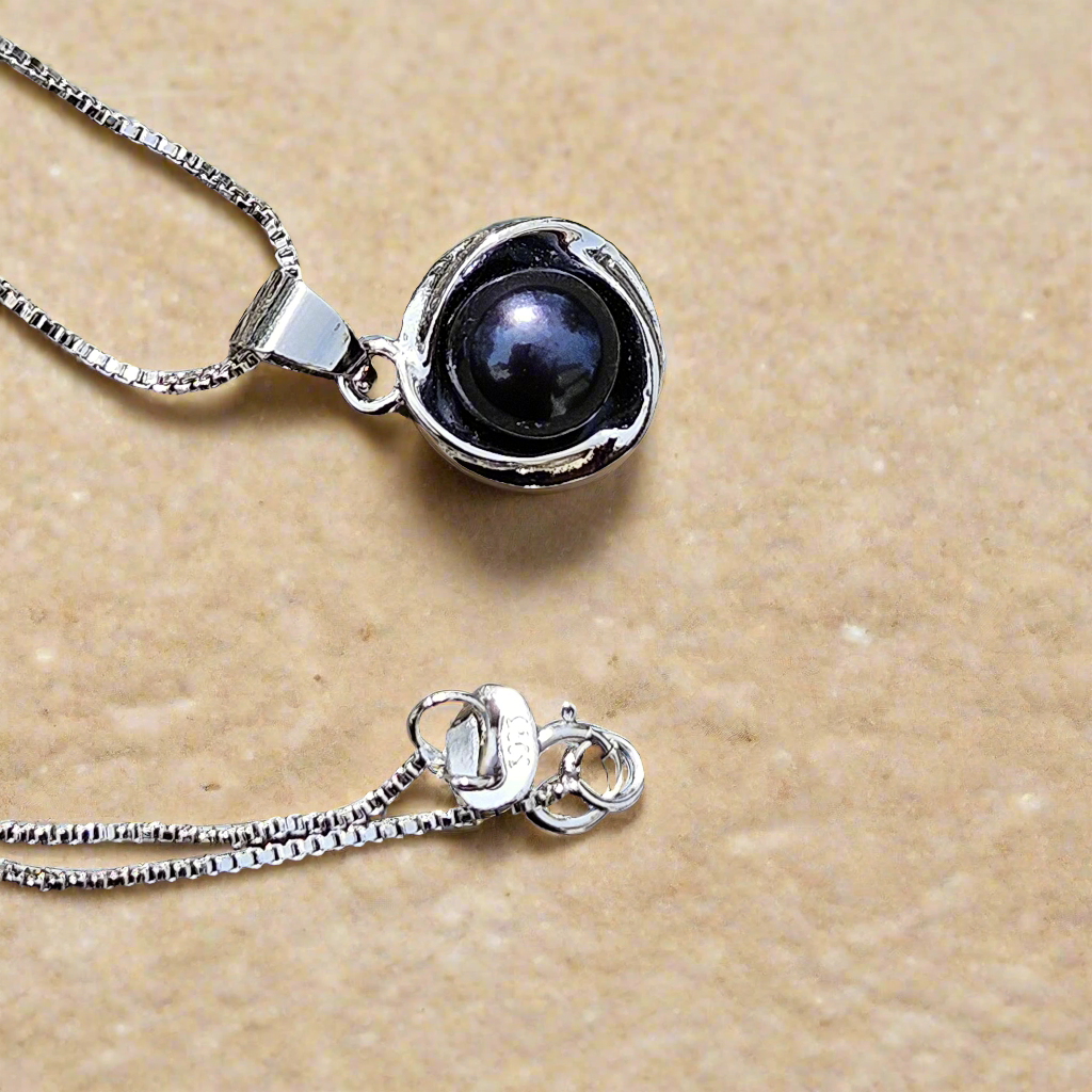 Midnight Elegance: Freshwater Black Pearl, Sterling Silver Pendant Necklace