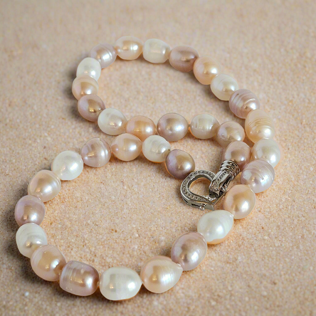 Pearl Bliss: Harmony in White, Pink & Purple Pearls Necklace with CZ Clasp