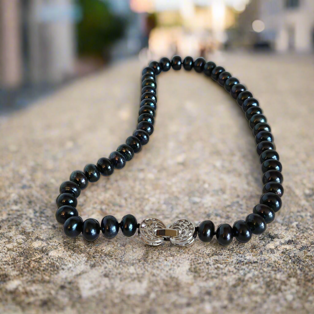 Celestial Harmony: Black Freshwater Pearl Necklace with Life Tree Buckle